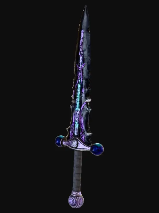 3D model for acid burns and etched arcane lettering mark both sides of this black iron forged blade, with a hilt and pommel designed in the the theme of dark crystal sphere's of power.  34 inch blade and 11 inch handle/pommel - arcane etched blade of power - appearing kissed by acid.
