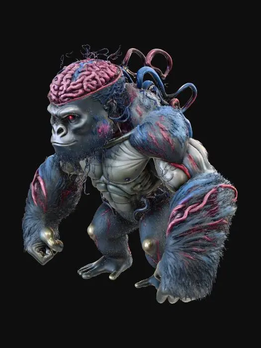 3D model for mutated brain beast, with large over emphasized brain pushing outside of its skull and stretching down its spinal column.  originally a great silver back gorilla but now twisted by overwhelming brain growth... dark sentient eyes as it looks at is in understanding and anger....