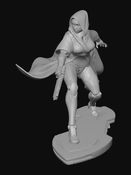 3D model for in tones of blues, blacks and golds - a female android gunslinger rides a hover-board rigged for speed as she chases down her prey in the ruined city - her gun is a long barreled high tech seeker pistol - and over her cybernetic armor she wears a intricate cloth robe that billows in the wind behind her.