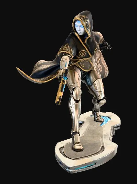 3D model for in tones of blues, blacks and golds - a female android gunslinger rides a hover-board rigged for speed as she chases down her prey in the ruined city - her gun is a long barreled high tech seeker pistol - and over her cybernetic armor she wears a intricate cloth robe that billows in the wind behind her.