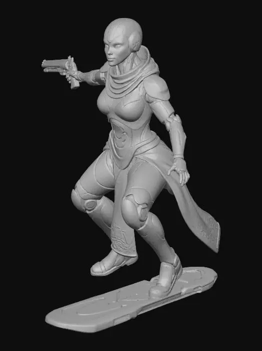 3D model for in tones of coppers, blacks and golds - a female android gunslinger rides a hover-board rigged for speed as she chases down her prey in the ruined city - her gun is a long barreled high tech seeker pistol - and over her cybernetic armor she wears a intricate cloth robe that billows in the wind behind her.
