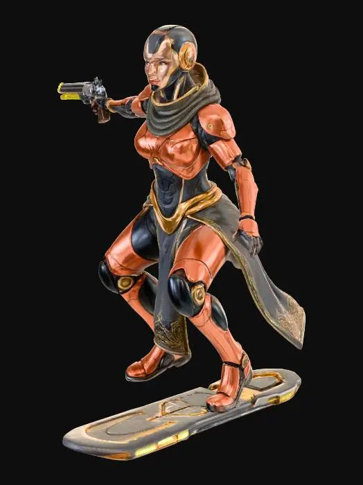 3D model for in tones of coppers, blacks and golds - a female android gunslinger rides a hover-board rigged for speed as she chases down her prey in the ruined city - her gun is a long barreled high tech seeker pistol - and over her cybernetic armor she wears a intricate cloth robe that billows in the wind behind her.