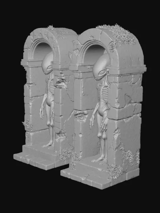 3D model for Ancient upright tombs holding the remains of ancient alien beings with over large heads and small frail rotten bodies