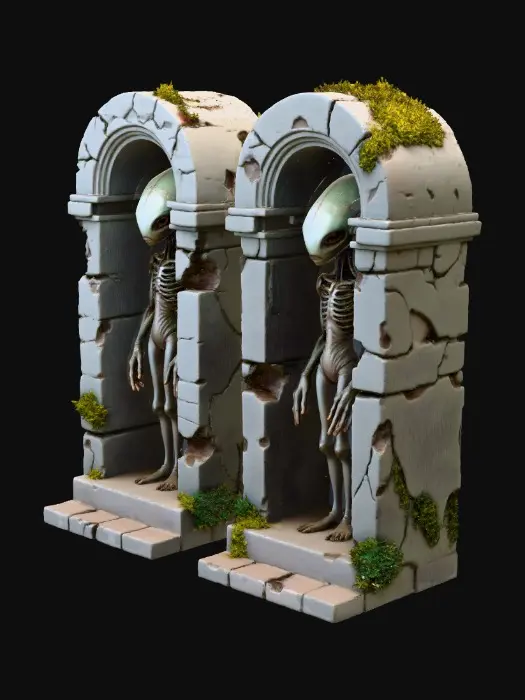 3D model for Ancient upright tombs holding the remains of ancient alien beings with over large heads and small frail rotten bodies
