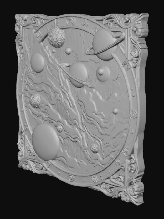 3D model for Hand carved wall motif showing the planets and moons in a fantasy solar system