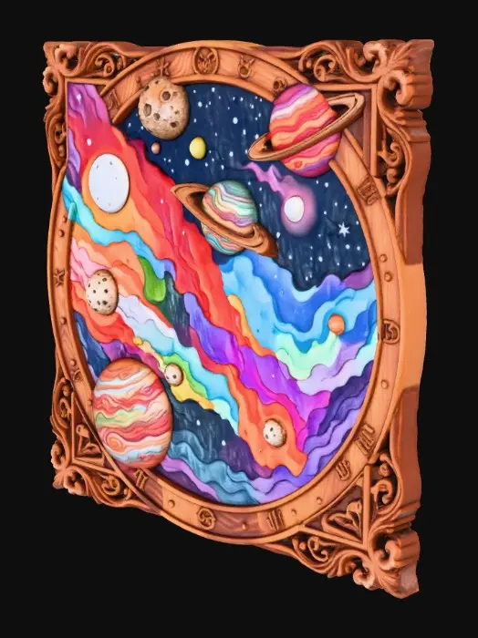 3D model for Hand carved wall motif showing the planets and moons in a fantasy solar system