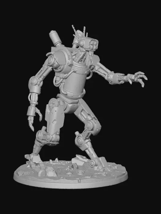 3D model for 3D-printable miniature of a tall, skeletal wasteland robot built from scavenged industrial plating and exposed mechanical joints. Its “core” is a reinforced glass or crystal canister housing a preserved human brain, wired into the machine as its control system, design should feel eerie and post-apocalyptic: mismatched armor panels, dangling cables, antenna-like sensor arrays, and rusted pistons that make it appear to creak as it walks. Its silhouette should be spindly yet predatory, with long grasping arms
Pose the robot mid-stride as it patrols a desolate wasteland base, hunting for new prey to convert while scanning the horizon with glowing optical sensors. Include environmental base elements such as cracked earth, fallen debris, or scattered remnants metal with crisp surface detail