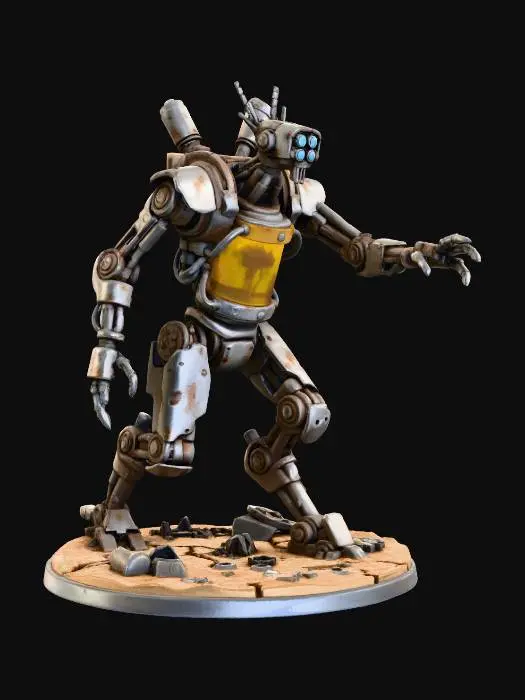 3D model for 3D-printable miniature of a tall, skeletal wasteland robot built from scavenged industrial plating and exposed mechanical joints. Its “core” is a reinforced glass or crystal canister housing a preserved human brain, wired into the machine as its control system, design should feel eerie and post-apocalyptic: mismatched armor panels, dangling cables, antenna-like sensor arrays, and rusted pistons that make it appear to creak as it walks. Its silhouette should be spindly yet predatory, with long grasping arms
Pose the robot mid-stride as it patrols a desolate wasteland base, hunting for new prey to convert while scanning the horizon with glowing optical sensors. Include environmental base elements such as cracked earth, fallen debris, or scattered remnants metal with crisp surface detail