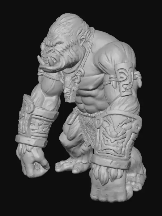 3D model for A massive gorilla warrior standing in a powerful, wide stance, legs planted firmly to create an arched opening between them that serves as the dungeon doorway.
• The gorilla should be heroic and imposing, with thick muscular anatomy, pronounced chest, powerful arms, and an expressive, ferocious face.
• The warrior is adorned in tribal or ancient jungle armor: bone or stone pauldrons, ornamental bracers, loincloth of braided jungle fibers, carved totems, or ceremonial jewelry.