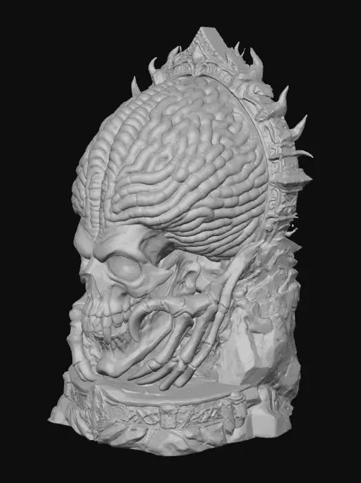 3D model for mythic statue carving of the elder brain of the undead god... a skeletal face that grows back into a large organic brain sits as occult sculpture over a sacrificial altar