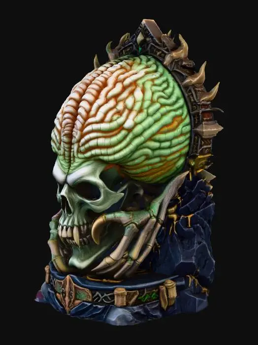 3D model for mythic statue carving of the elder brain of the undead god... a skeletal face that grows back into a large organic brain sits as occult sculpture over a sacrificial altar