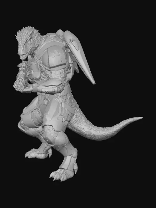 3D model for Anthropomorphic Raptor/human hybrid super soldier in battle armor and jet pack shooting an energy rifle at enemies