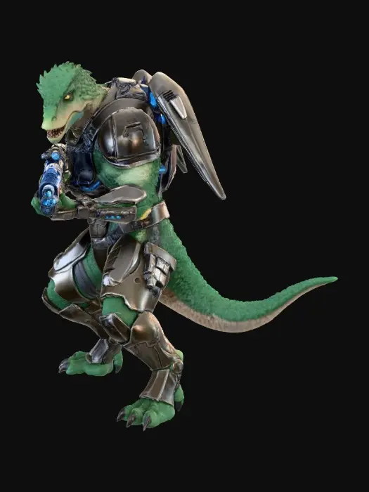 3D model for Anthropomorphic Raptor/human hybrid super soldier in battle armor and jet pack shooting an energy rifle at enemies