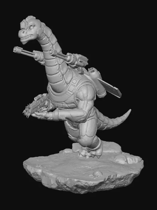 3D model for Anthropomorphic Brontosaurus/human hybrid with long neck and neck mounted cannons - super soldier in battle armor and jet pack shooting an energy rifle at enemies