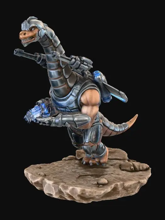3D model for Anthropomorphic Brontosaurus/human hybrid with long neck and neck mounted cannons - super soldier in battle armor and jet pack shooting an energy rifle at enemies