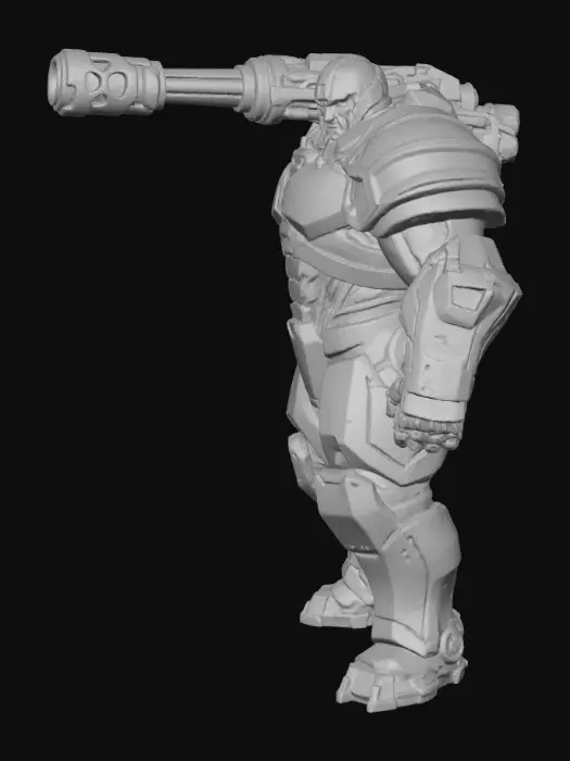 3D model for Anthropomorphic tank/human hybrid super soldier in battle armor with great thick battle armor plates and a giant cannon on its back.