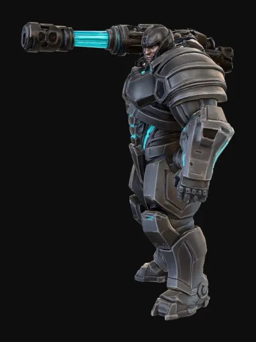 3D model for Anthropomorphic tank/human hybrid super soldier in battle armor with great thick battle armor plates and a giant cannon on its back.