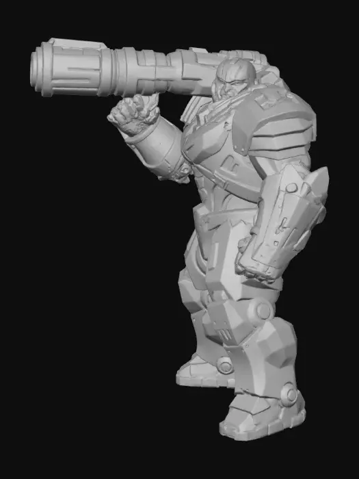 3D model for Anthropomorphic tank/human hybrid super soldier in battle armor with great thick battle armor plates and a giant cannon on its back.