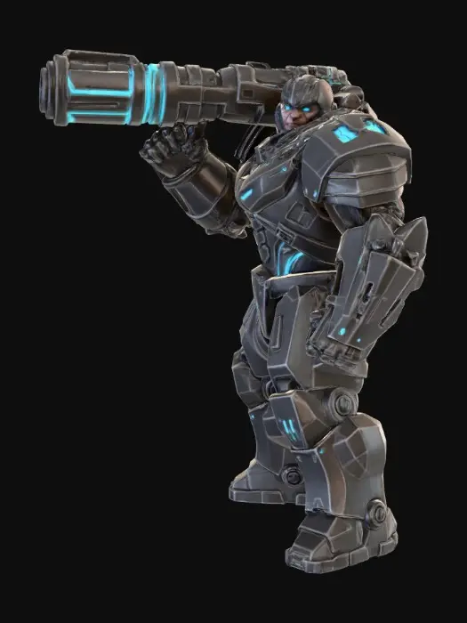 3D model for Anthropomorphic tank/human hybrid super soldier in battle armor with great thick battle armor plates and a giant cannon on its back.