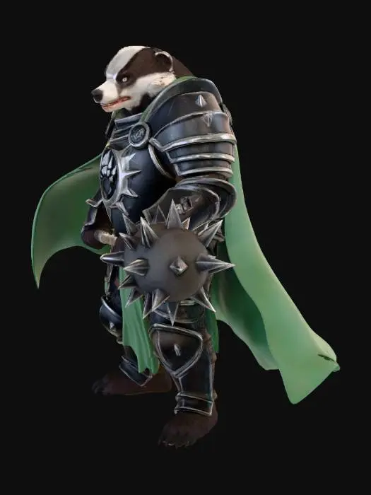 3D model for Anthropomorphic great Badger in whites and dark brown furs, Paladin in heavy Knights Armor with the sigil of a 7 clawed badger hand on the chest in silver and obsidian against his heavy dark steel armor.  A cape/cloak of viridian green billows behind the great warrior and he wields a mace of great iron spikes on the battlefield.
