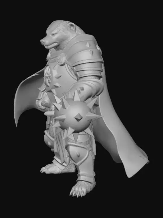 3D model for Anthropomorphic great Badger in whites and dark brown furs, Paladin in heavy Knights Armor with the sigil of a 7 clawed badger hand on the chest in silver and obsidian against his heavy dark steel armor.  A cape/cloak of viridian green billows behind the great warrior and he wields a mace of great iron spikes on the battlefield.