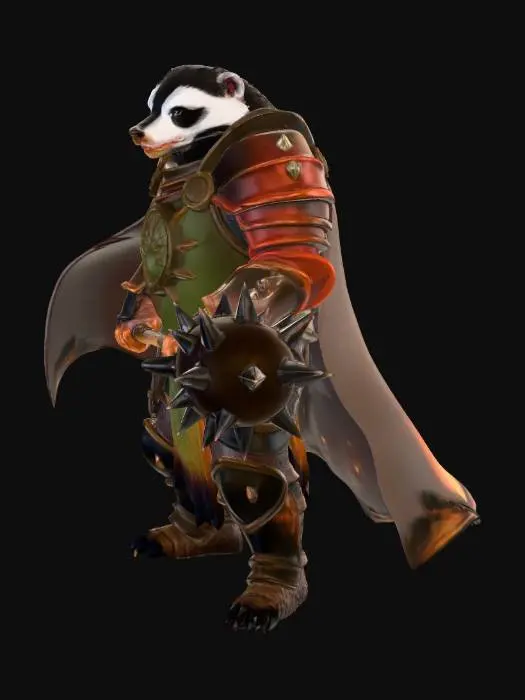 3D model for Anthropomorphic great Badger in whites and dark brown furs, Paladin in heavy Knights Armor with the sigil of a 7 clawed badger hand on the chest in silver and obsidian against his heavy dark steel armor.  A cape/cloak of viridian green billows behind the great warrior and he wields a mace of great iron spikes on the battlefield.