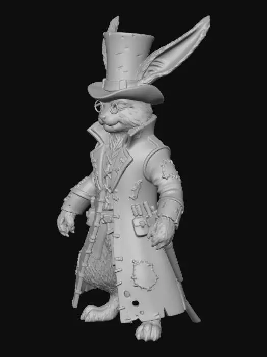 3D model for a dastardly rogue of a character, with eye glasses and a long stove top hat, a march hair, anthropomorphic rogue hero for dnd with long rabbits ears and hidden daggers concealed inside a long leather nobles coat that has seen better days as we see several stitched on patches in the coats length.