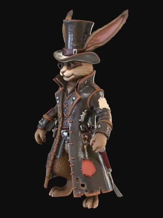 3D model for a dastardly rogue of a character, with eye glasses and a long stove top hat, a march hair, anthropomorphic rogue hero for dnd with long rabbits ears and hidden daggers concealed inside a long leather nobles coat that has seen better days as we see several stitched on patches in the coats length.