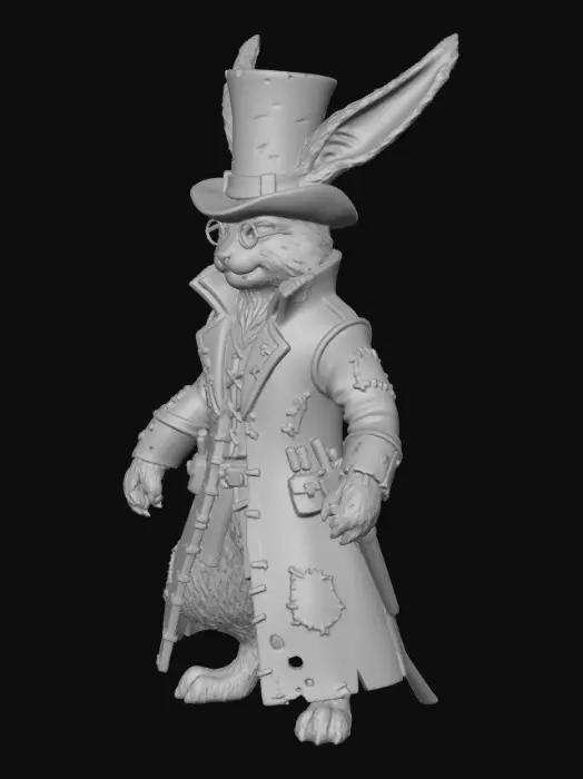3D model for a dastardly rogue of a character, with eye glasses and a long stove top hat, a march hair, anthropomorphic rogue hero for dnd with long rabbits ears and hidden daggers concealed inside a long leather nobles coat that has seen better days as we see several stitched on patches in the coats length.