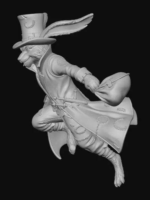 3D model for a dastardly rogue of a character, with eye glasses and a long stove top hat, a march hair, anthropomorphic rogue hero for dnd with long rabbits ears and hidden daggers concealed inside a long leather nobles coat that has seen better days as we see several stitched on patches in the coats length. posed as if running and leaping across the fantasy cities roof tops in long leaps of a rogue getaway burglar