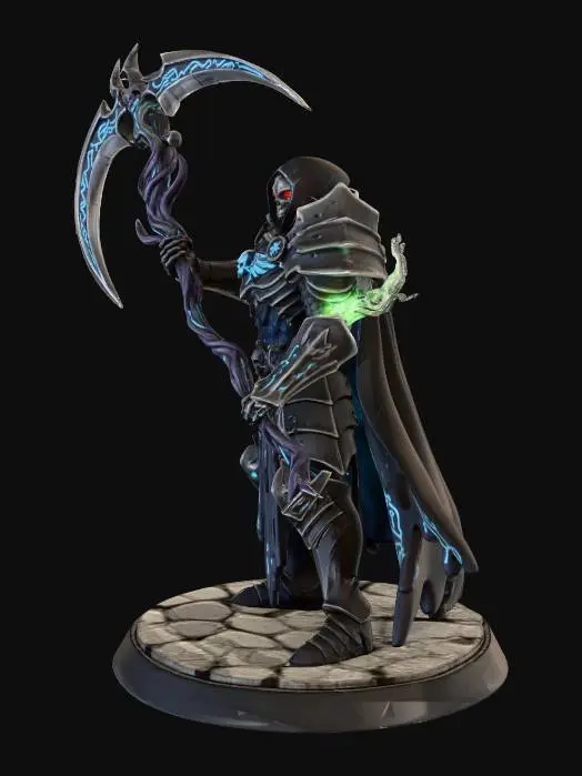 3D model for in the theme of a dungeons and dragons Artificer Paladin, show me a game miniature - a knight in techno organic living armor themed like funeral cloaks, and with a skull mask - wielding a scythe - a paladin of the god of the dead ready to reap those souls who deserve it.