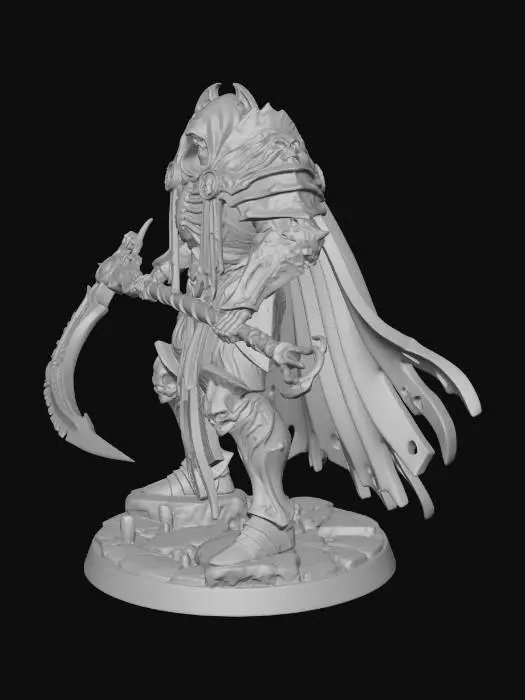 3D model for in the theme of a dungeons and dragons Artificer Paladin, show me a game miniature - a knight in techno organic living armor themed like funeral cloaks, and with a skull mask - wielding a scythe - a paladin of the god of the dead ready to reap those souls who deserve it.