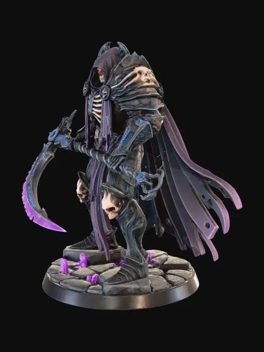 3D model for in the theme of a dungeons and dragons Artificer Paladin, show me a game miniature - a knight in techno organic living armor themed like funeral cloaks, and with a skull mask - wielding a scythe - a paladin of the god of the dead ready to reap those souls who deserve it.