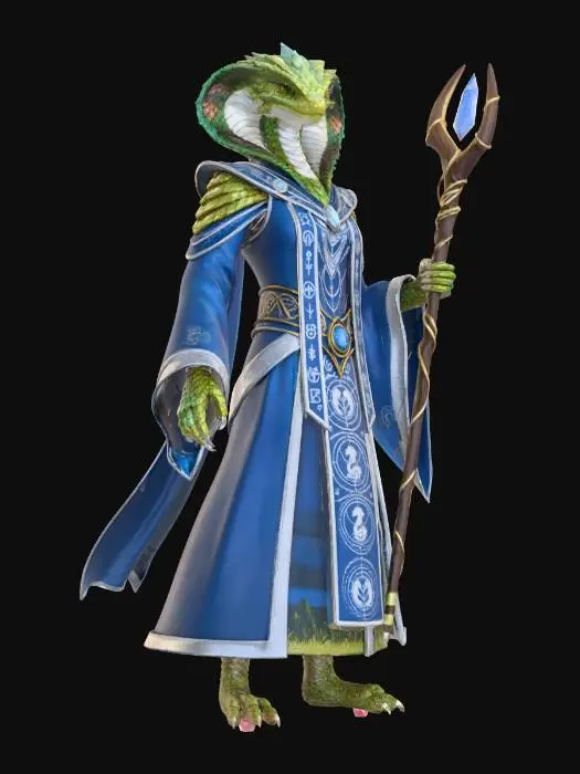 3D model for In the theme of a dungeons and dragons wizard with robes and long arcane staff - show me a human snake hybrid character with scales and cobra hoods wearing the robes of a wizard and wielding a long arcane wizard staff.