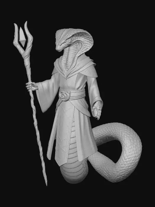 3D model for In the theme of a dungeons and dragons wizard with robes and long arcane staff - show me a human snake hybrid character with scales and cobra hoods wearing the robes of a wizard and wielding a long arcane wizard staff.