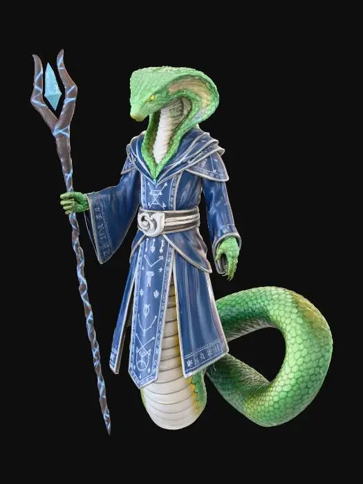 3D model for In the theme of a dungeons and dragons wizard with robes and long arcane staff - show me a human snake hybrid character with scales and cobra hoods wearing the robes of a wizard and wielding a long arcane wizard staff.
