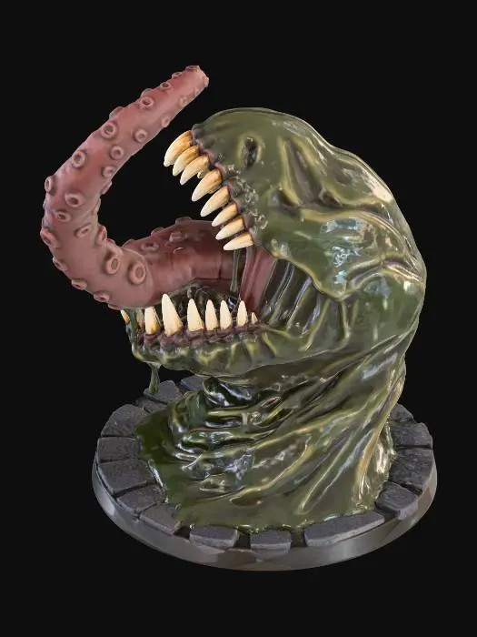 3D model for in the theme of a dungeons and dragons monster miniature for table top gaming - show me a maw of fangs rising up from beneath murky water, and freeing a long tentacle like tongue that seeks to grab pray coming out of the maw of fangs.
