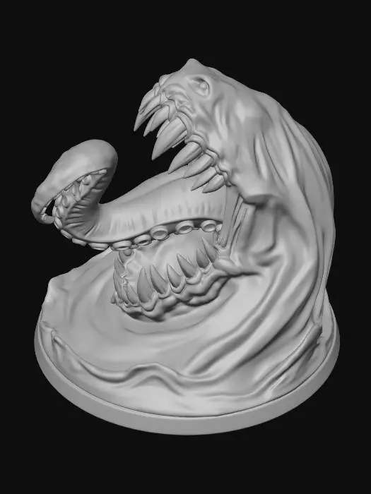 3D model for in the theme of a dungeons and dragons monster miniature for table top gaming - show me a maw of fangs rising up from beneath murky water, and freeing a long tentacle like tongue that seeks to grab pray coming out of the maw of fangs.