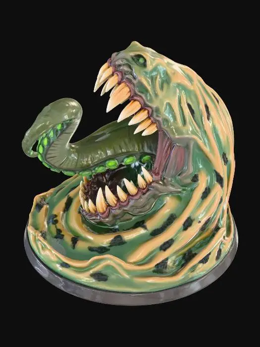 3D model for in the theme of a dungeons and dragons monster miniature for table top gaming - show me a maw of fangs rising up from beneath murky water, and freeing a long tentacle like tongue that seeks to grab pray coming out of the maw of fangs.
