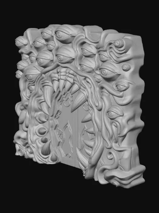 3D model for The ravenous carved stone door to a temple of gluttony - monstrous fangs  form the doors edge and the carved stone around the entrance is carved to form eye watching and waiting for the entering meal