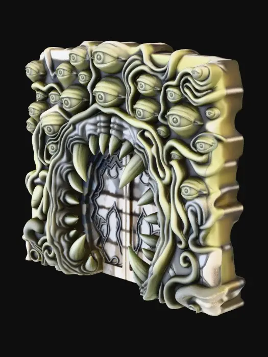 3D model for The ravenous carved stone door to a temple of gluttony - monstrous fangs  form the doors edge and the carved stone around the entrance is carved to form eye watching and waiting for the entering meal