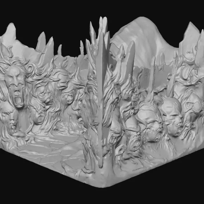 3D model for terrain layout design, stone carvings of screaming souls, terrified faces, crying faces line the walls of a subterranean tunnel that ends with a great stone doorway carved into the face of a reaper devouring all who pass through the mouth/gate.