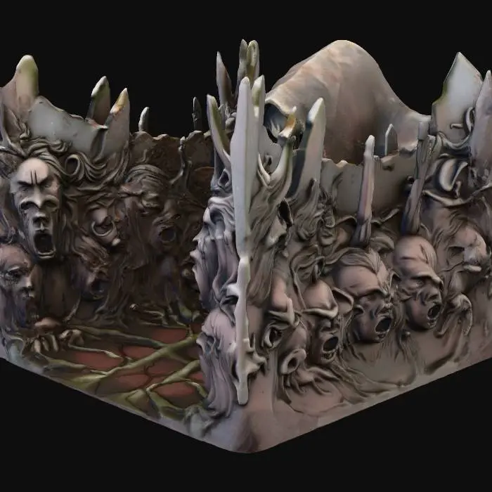 3D model for terrain layout design, stone carvings of screaming souls, terrified faces, crying faces line the walls of a subterranean tunnel that ends with a great stone doorway carved into the face of a reaper devouring all who pass through the mouth/gate.