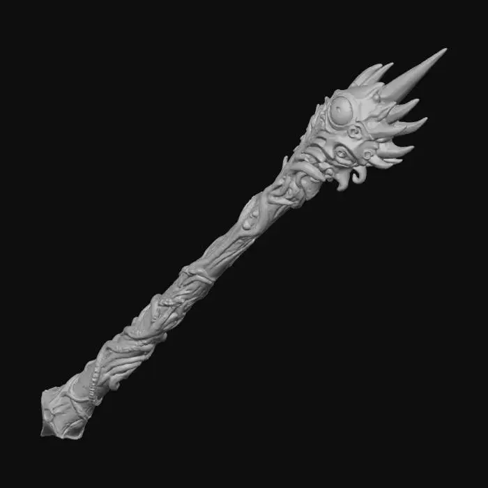 3D model for hand carved eldritch wand, 16 inches with eyes and tentacles worked and carved into the entire length, but starting at a one eyed "head" with a spiked crown jutting from the end of the pommel.  The eyes seem alive and to glow.