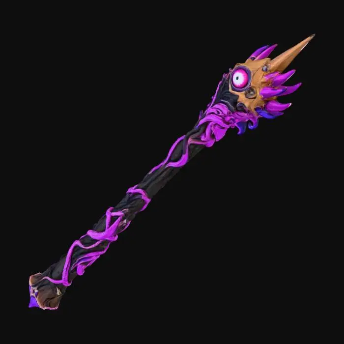 3D model for hand carved eldritch wand, 16 inches with eyes and tentacles worked and carved into the entire length, but starting at a one eyed "head" with a spiked crown jutting from the end of the pommel.  The eyes seem alive and to glow.