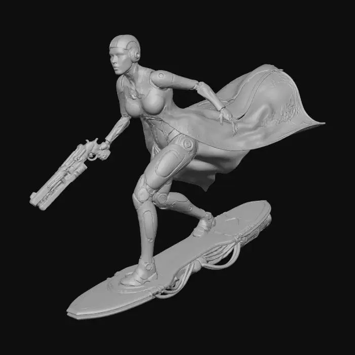 3D model for in tones of blues, blacks and golds - a female android gunslinger rides a hover-board rigged for speed as she chases down her prey in the ruined city - her gun is a long barreled high tech seeker pistol - and over her cybernetic armor she wears a intricate cloth robe that billows in the wind behind her.