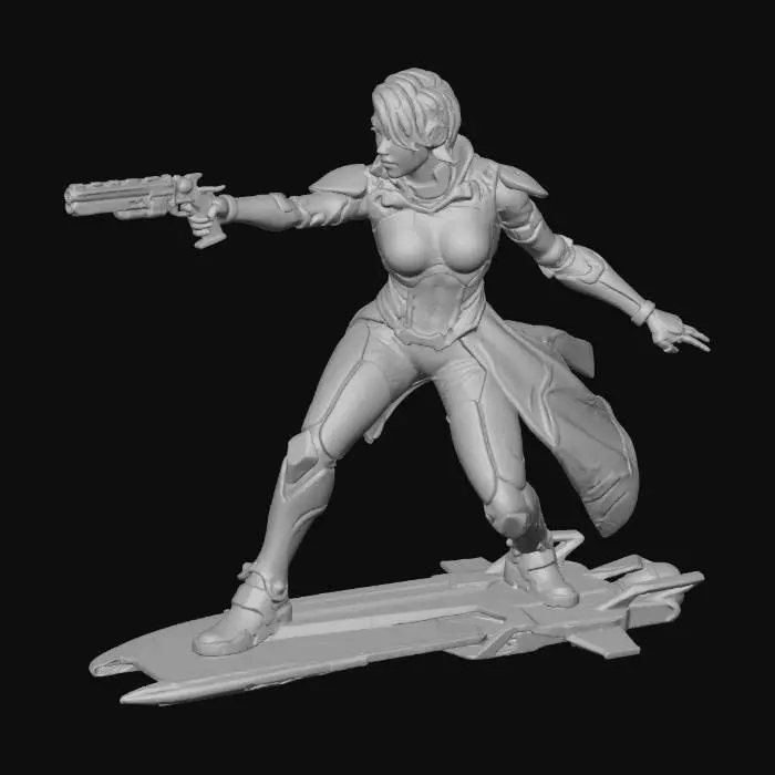 3D model for in tones of blues, blacks and golds - a female android gunslinger rides a hover-board rigged for speed as she chases down her prey in the ruined city - her gun is a long barreled high tech seeker pistol - and over her cybernetic armor she wears a intricate cloth robe that billows in the wind behind her.