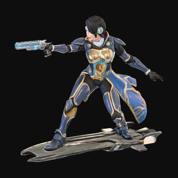3D model for in tones of blues, blacks and golds - a female android gunslinger rides a hover-board rigged for speed as she chases down her prey in the ruined city - her gun is a long barreled high tech seeker pistol - and over her cybernetic armor she wears a intricate cloth robe that billows in the wind behind her.