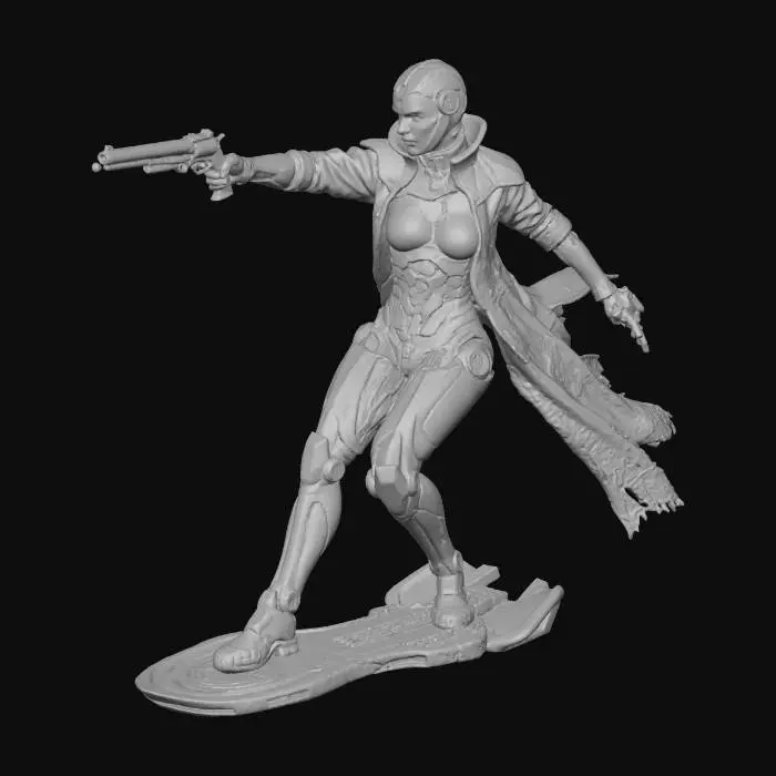 3D model for in tones of blues, blacks and golds - a female android gunslinger rides a hover-board rigged for speed as she chases down her prey in the ruined city - her gun is a long barreled high tech seeker pistol - and over her cybernetic armor she wears a intricate cloth robe that billows in the wind behind her.