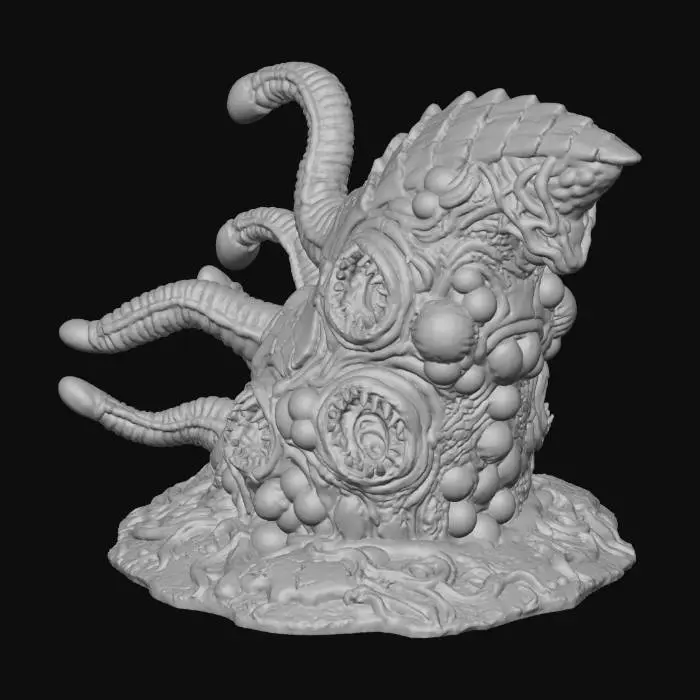 3D model for Create a high-detail 3D printable terrain piece in the style of an eldritch, organic growth bursting from the ground. The model should feature:
	•	irregular organic base covered with stretched, melted, root-like textures and corrupted ground.
	•	No five large tentacles emerging from deep cyst-like openings. Tentacles should be ribbed, curved, muscular, and asymmetrical, with smooth but grotesque surface detail.
	•	Multiple organic pits and orifices, some with tooth-ringed mouths or fleshy protrusions, integrated into the sides of the structure.
	•	A surface texture resembling mutated diseased chitin, with layered organic ridges, cracks
	•	Ensure all details are crisp and printable without thin, unsupported elements.”